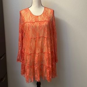 Boho coral lace dress with sheer long sleeves